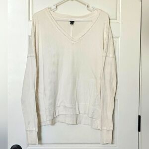 Oversized Ribbed V-Neck Top in Cream